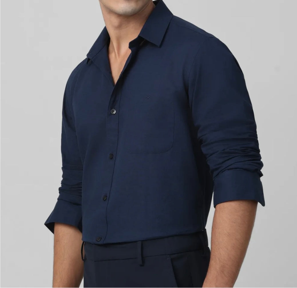 Navy Cotton Linen Slim Fit Casual Shirt
