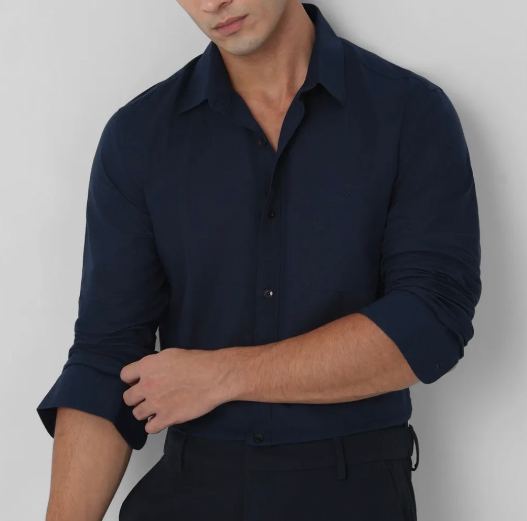 Navy Cotton Linen Slim Fit Casual Shirt