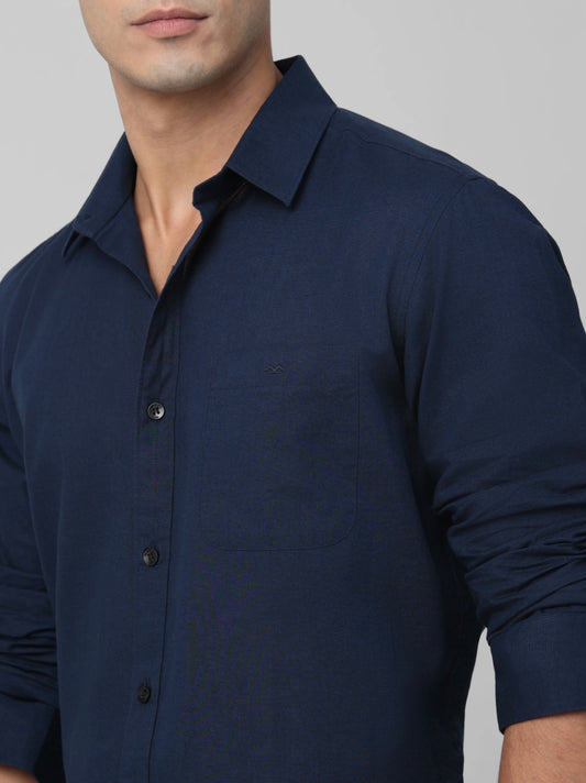 Navy Cotton Linen Slim Fit Casual Shirt