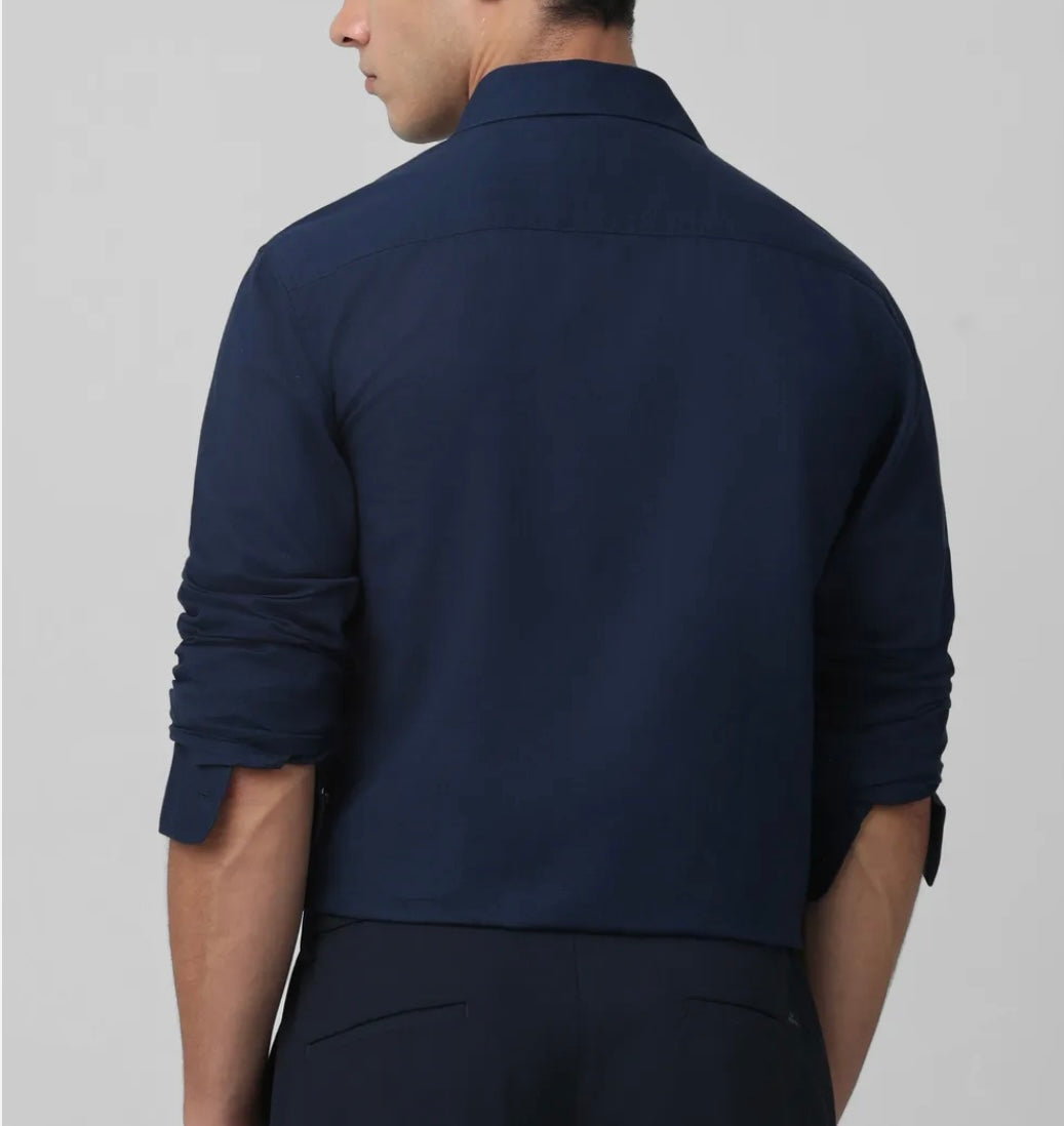 Navy Cotton Linen Slim Fit Casual Shirt