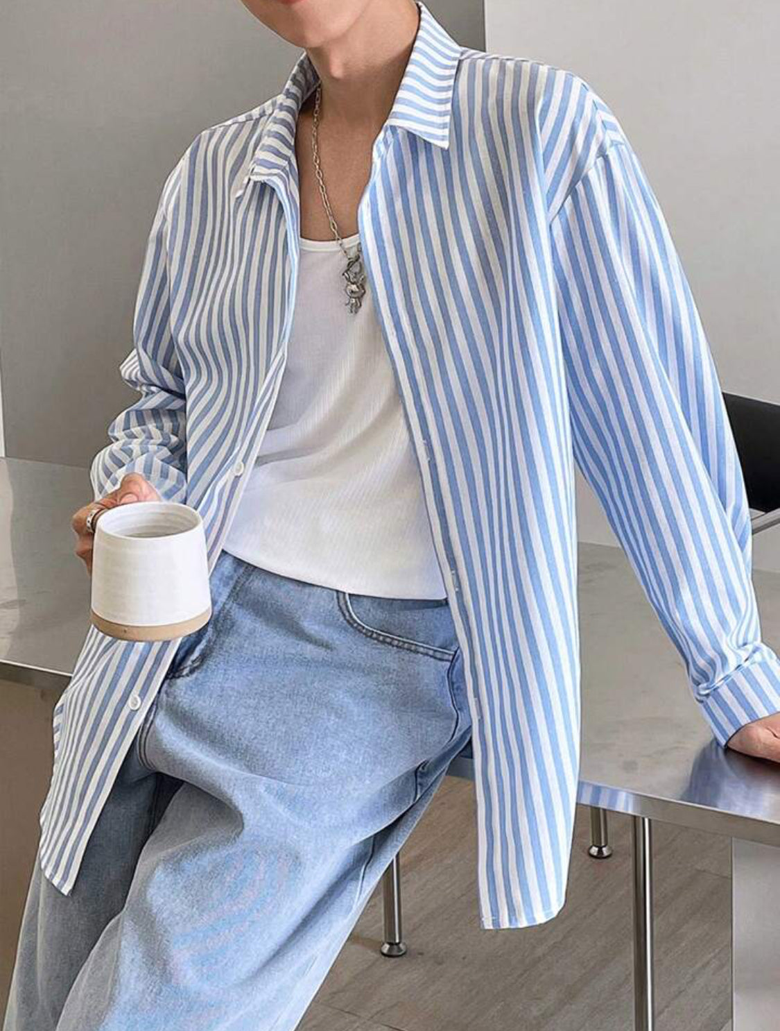 Manfinity Hypemode Men’s Blue & White Striped Long Sleeve Shirt