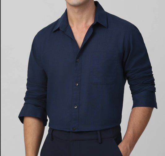 Navy Cotton Linen Slim Fit Casual Shirt